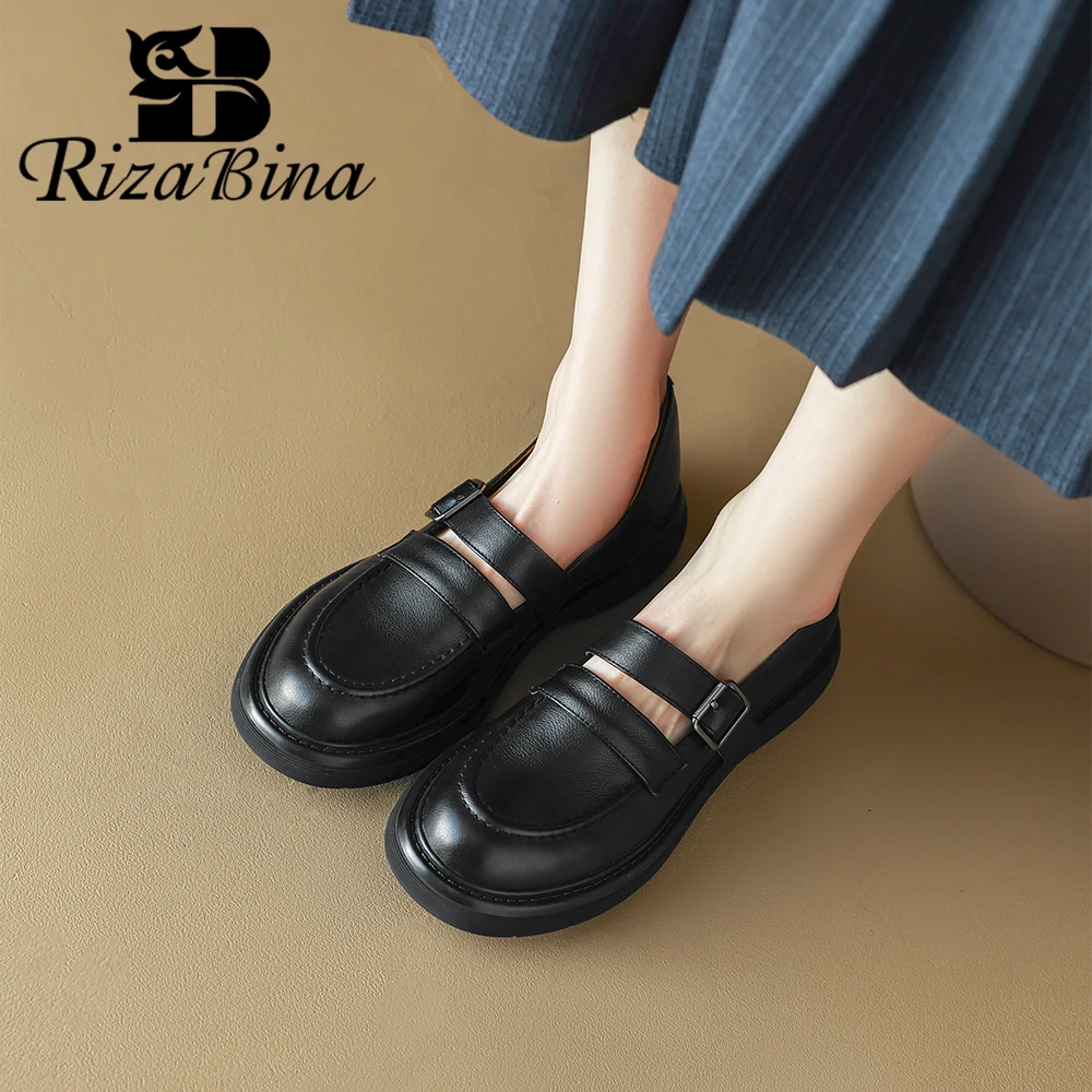 

RIZABINA Genuine Leather Women Penny Loafers Round Toe Buckle Strap Shollow Flat Loafers Lady British Style Students Daily Shoes