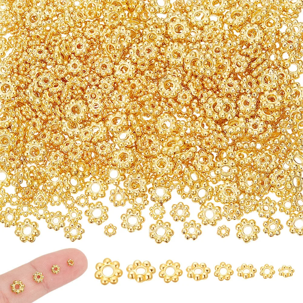 600Pcs 4 Styles Alloy Spacer Beads Lead Free Cadmium Free Flower Golden 3~6x3~6x1.2~1.8mm Hole: 0.8~1.6mm 150pcs/style