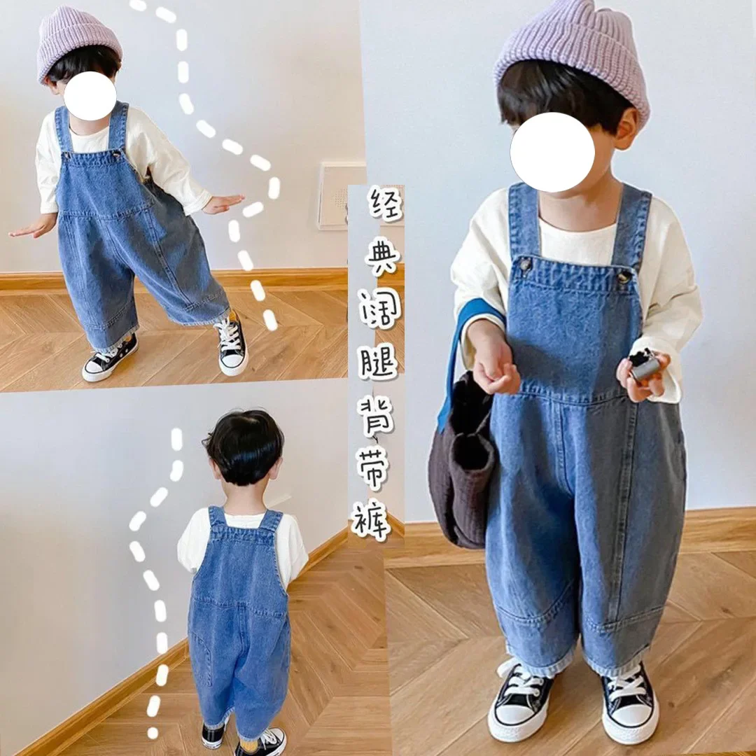 

2023 New Children Loose Overalls boys girls casual all-match denim Trousers Autumn Solid Outwear 1-7Y Kids fashion bib pants