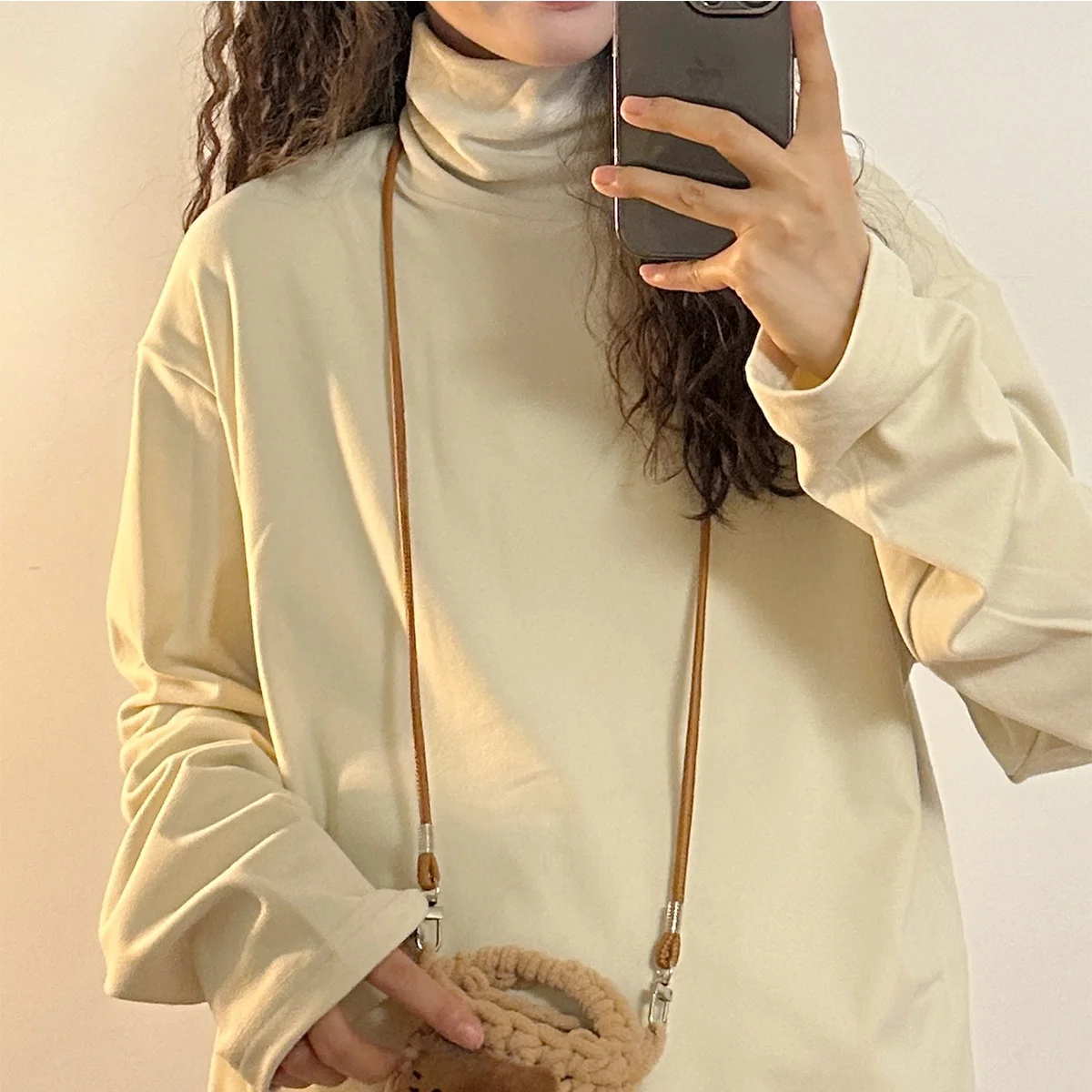 UATONLINE Autumnal American Retro Apricot Long Sleeve T-Shirt High Collar Base Layer Shirt Street Style Versatile Innerwear Top