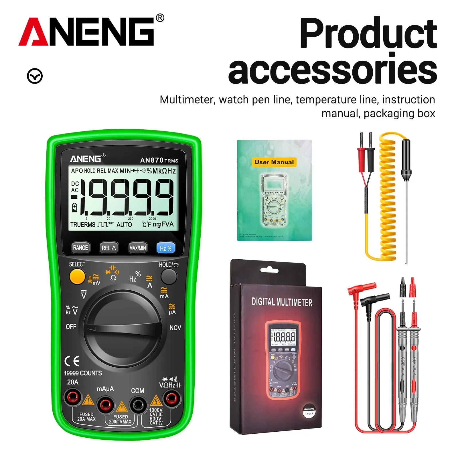 ANENG AN870 Digital Multimeter 19999 Counts 1000V DC 750V AC NCV Temp Capacitance Frequency Duty Cycle Backlight Circuit Tester view 6