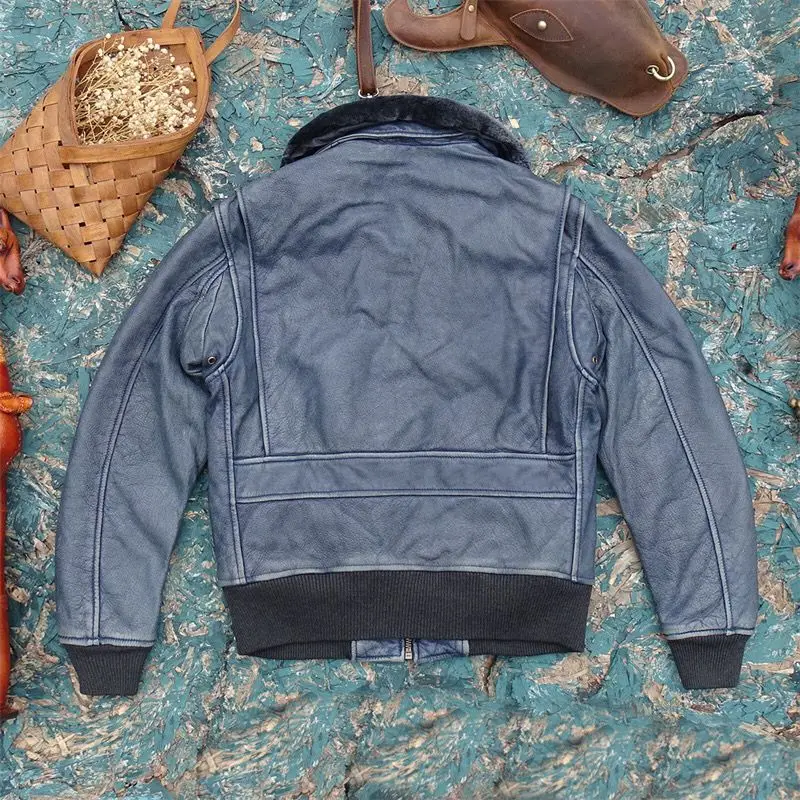 Veste de pilote de l'armée de l'air en cuir de vachette véritable pour hommes, manteau vintage, col en laine rembourré, bleu, grande taille, 5XL, XXXXXL, automne, hiver