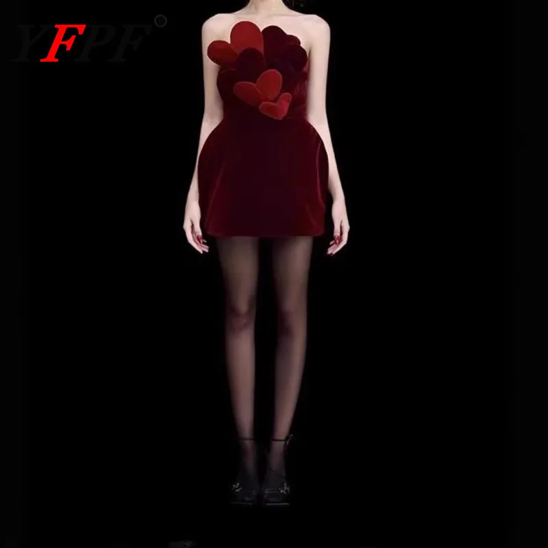 

YFPF 3D цветочный дизайн, модное женское платье без бретелек, без рукавов, с открытой спиной, мини-тонкие вечерние платья, элегантное, новинка 2026 г.