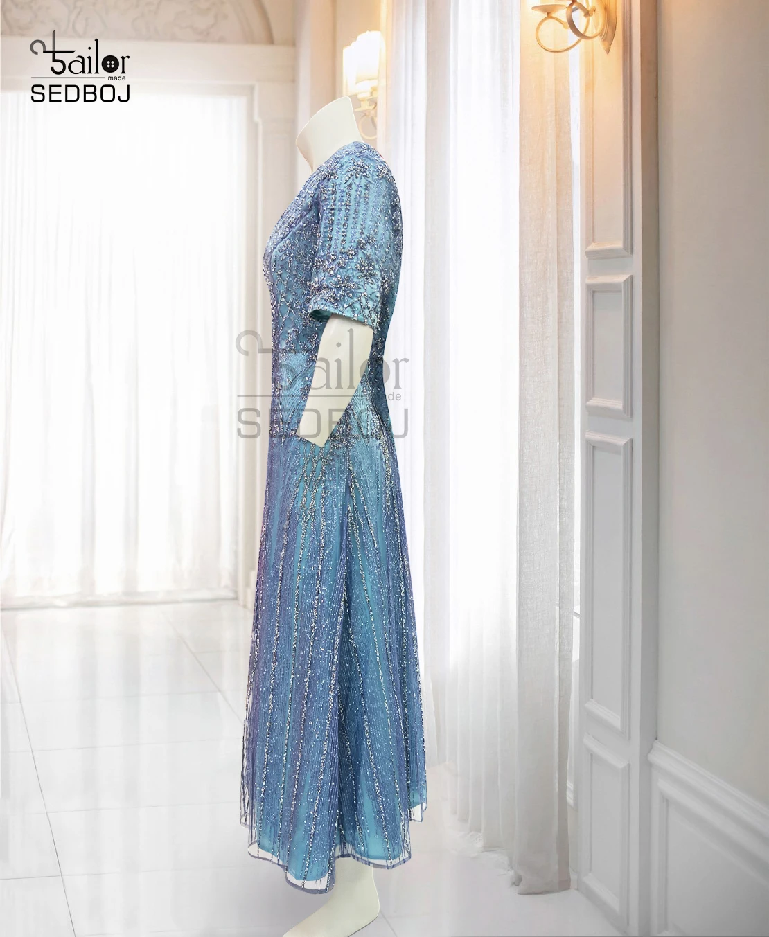 Heavy Industry Elegant Nail Bead Blue Round Neck Wedding Bridal Mother Dress Annual Meeting Host Banquet Dress
