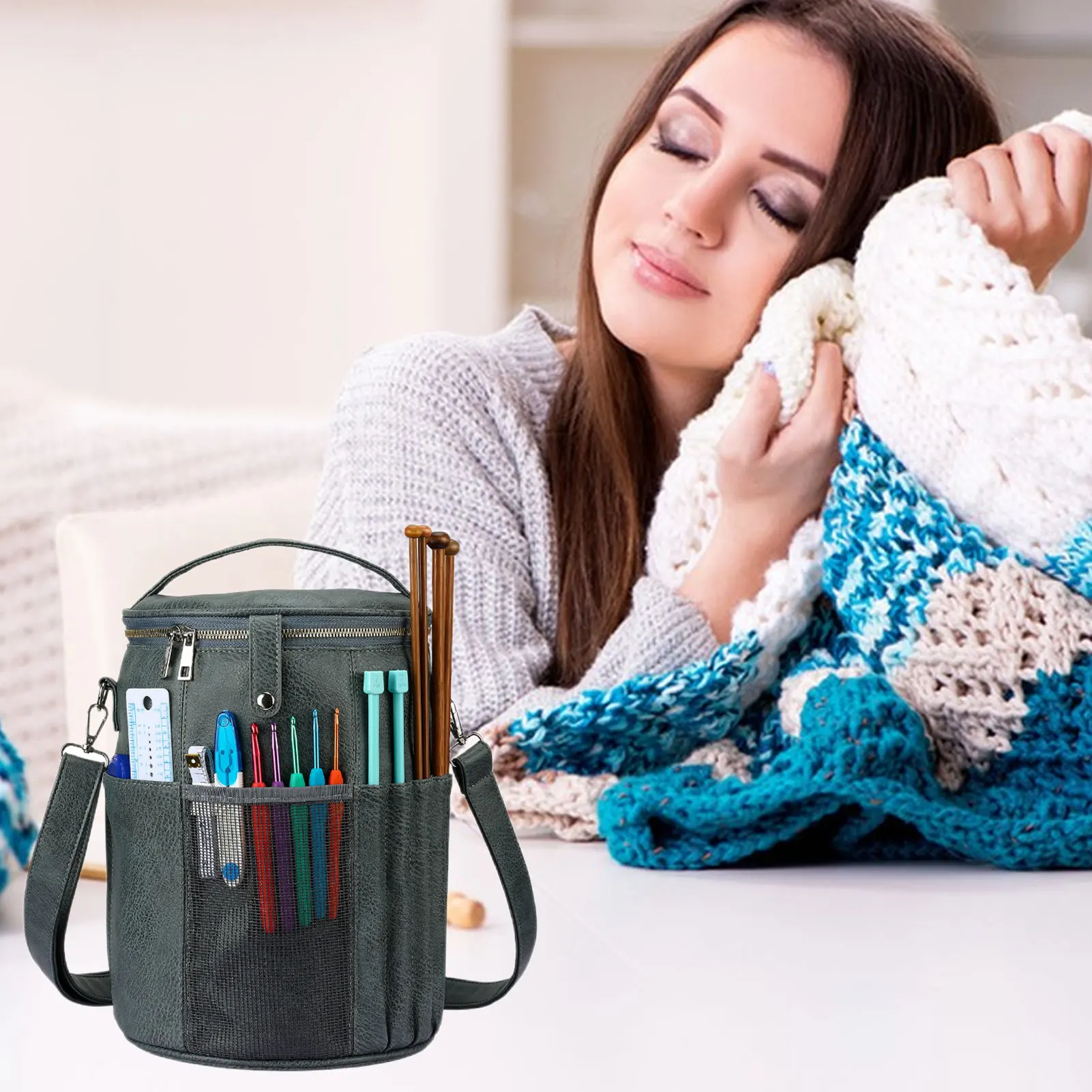 Knitting Storage Bag Yarn Wool Tote Bag For Crochet Hook Knitting Needles Craft Yarn Bag Sewing Tools Accessories Organizer Case