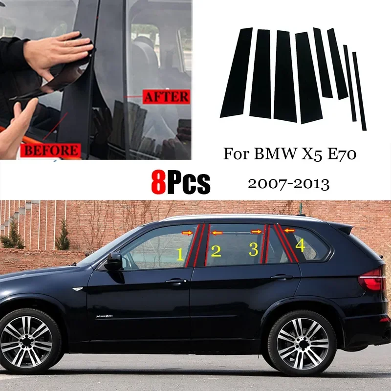 

8PCS Polished Pillar Posts Fit For BMW X5 E70 2007 2008 2009 2010 2011 2012 2013 Window Trim Cover BC Column Sticker