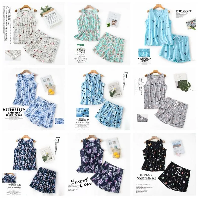 

Женский комплект из 2 предметов, шорты, пижамный костюм на лето, хлопковый жилет с принтом, рубашка, топы для сна с шортами, милый мультяшный костюм для домашней одежды