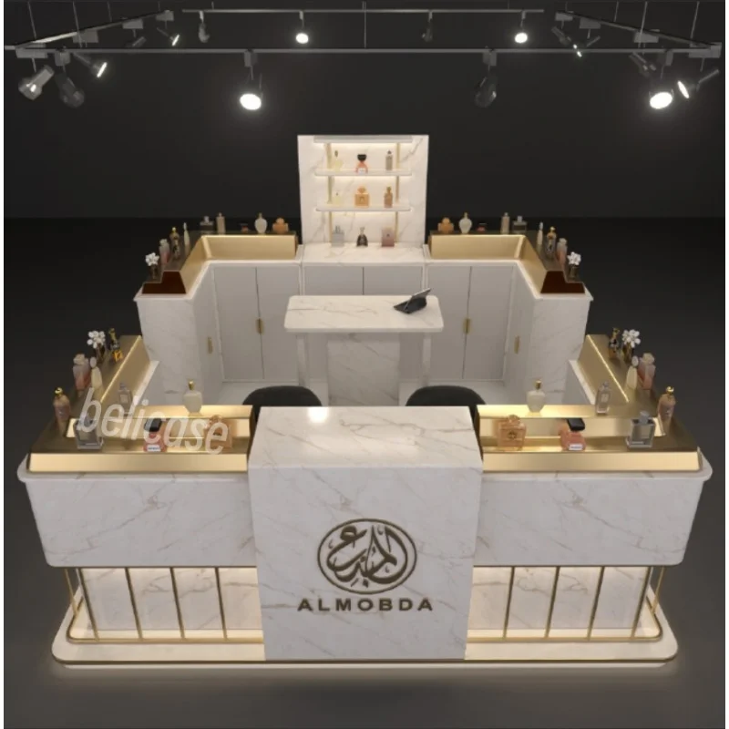 （customized）Arab Style Display Counter Perfume Shop Design Furniture Perfume Display Showcase Golden Shopping Mall Perfume K