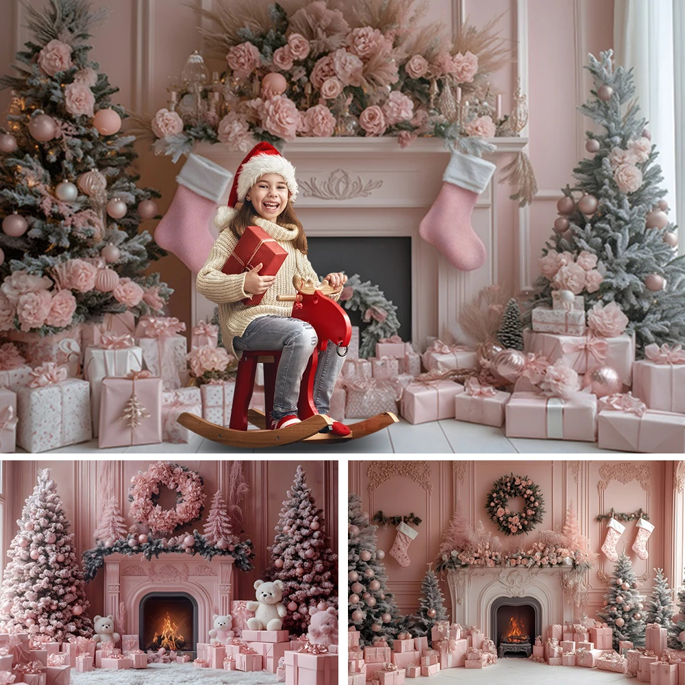 

Pink Wall Fireplace Christmas Backdrop for Photography Tree Gift Family Party Decor Photo Photographic Background Photo Studio