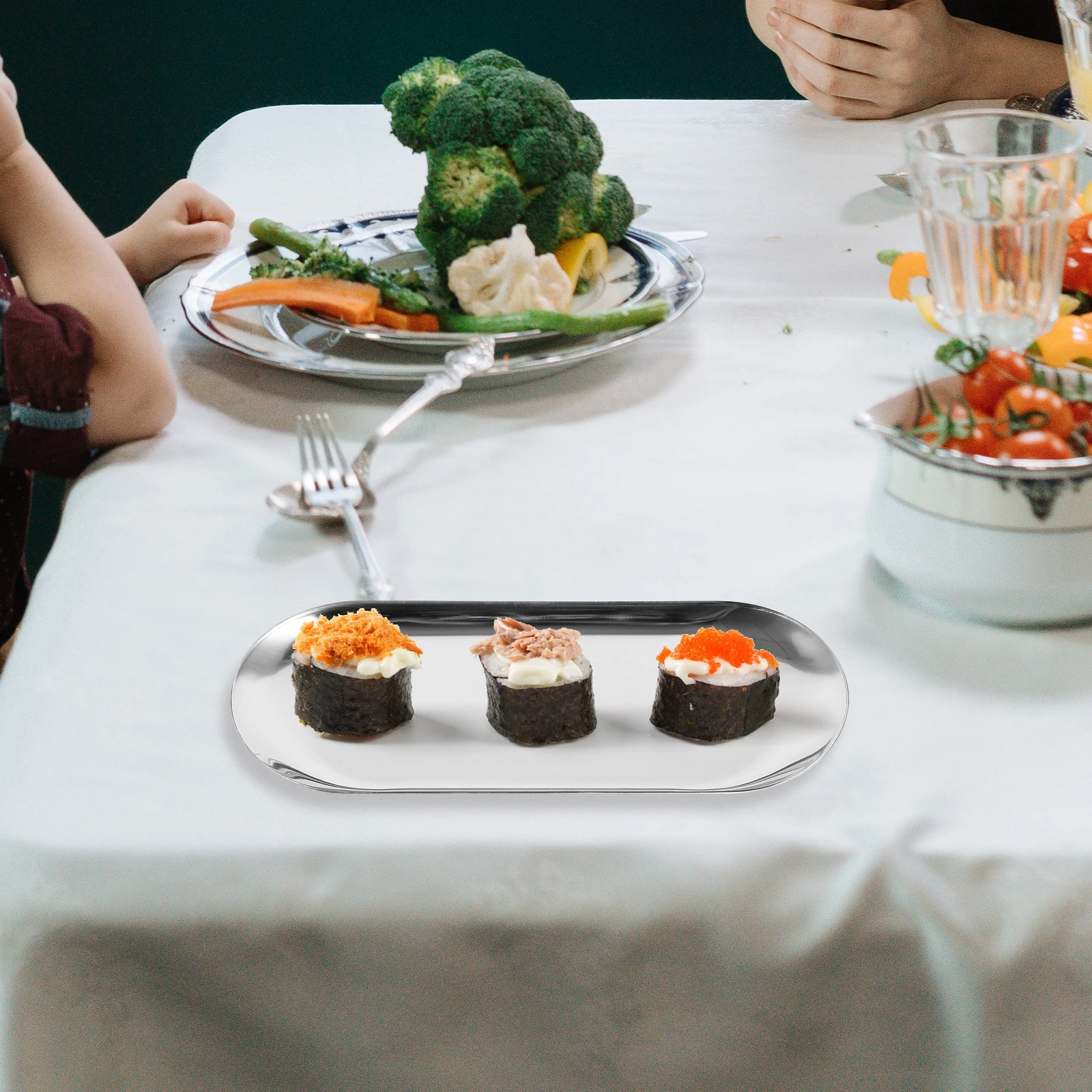 

Oval Stainless Steel Serving Dish Plate Fruit Snack Appetizer Tea Coffee Table Tray Platter Metal Kitchen Barware