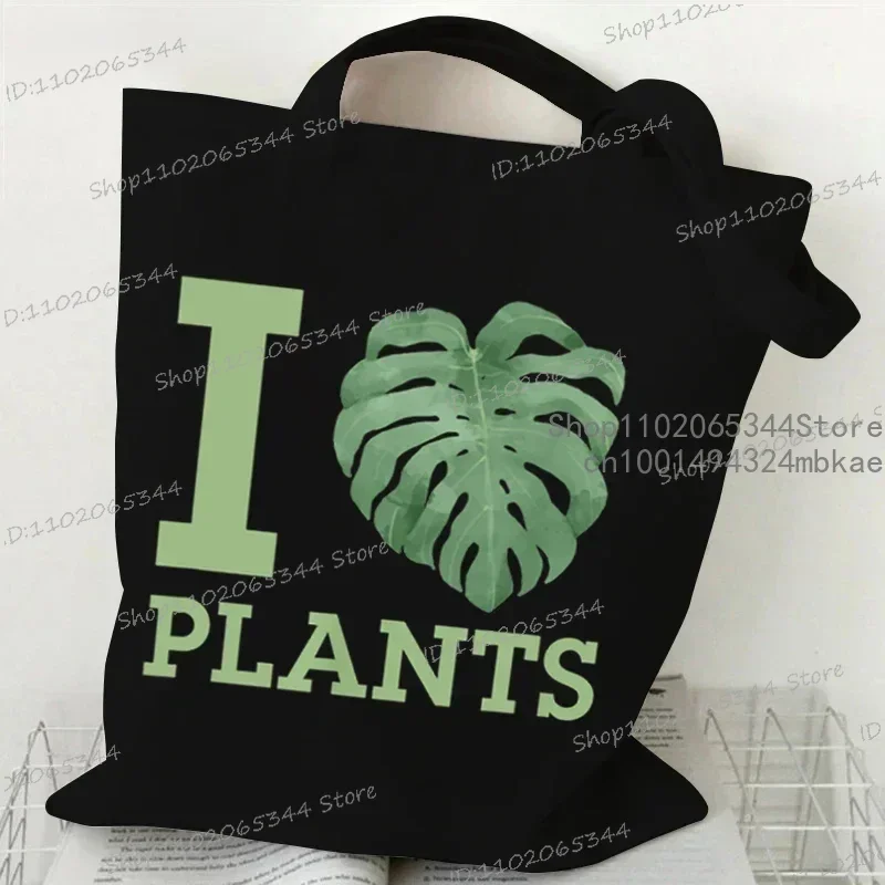 Women Canvas Handbags I Love Monstera Female Reuseable Shopping Bag Student Vintage Plants Tote Bags Woman Monstera Shoulder Bag