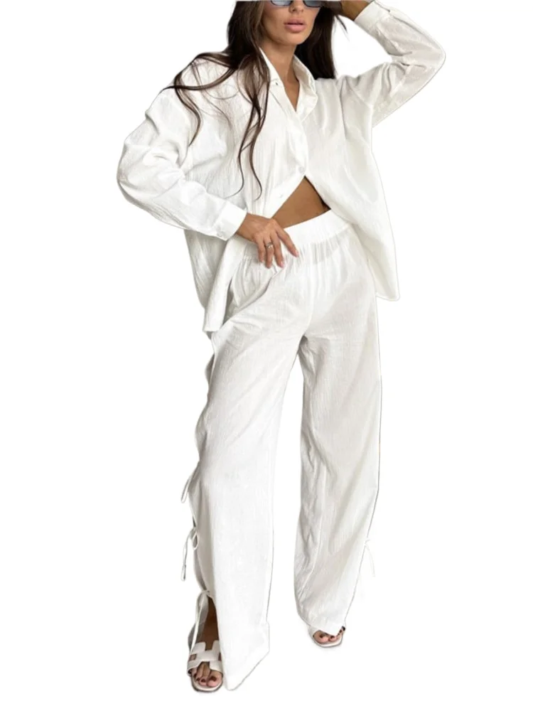 

Fashion Women's Two Piece Sets Solid Color Turn Down Collar Long Sleeve Shirt Tops Loose Straight Lace Up Pants Ladies Pant Sets