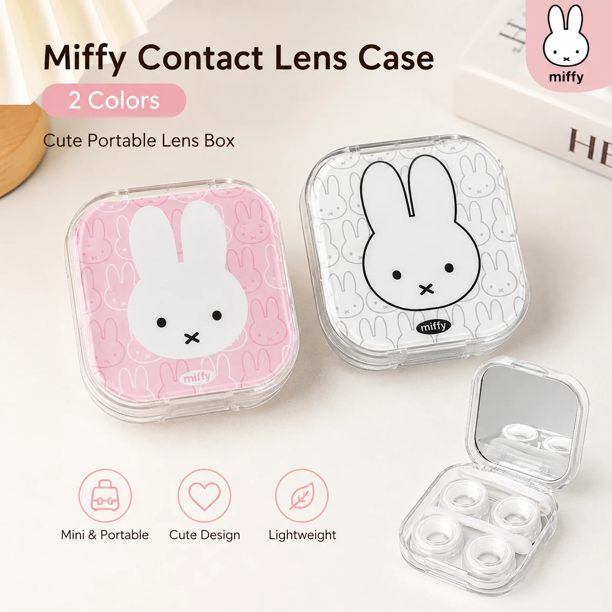 Cute Miffy Rabbit Contact Lens Case With Built‑in Mirror Portable Mini Contact Lenses Storage Box Travel Lens Containe