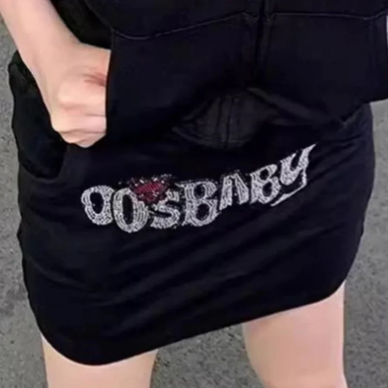Summer Women Y2K Letter Hot Diamond Hip Hop High Waist Mini Skirt Personalized Street Trendy Sexy Tight A Line Skirt