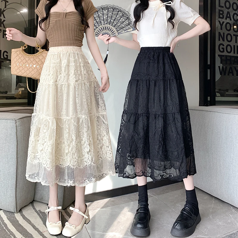 

Женская плиссированная юбка миди с вышивкой и кружевом, на высокой талии, А-силуэт