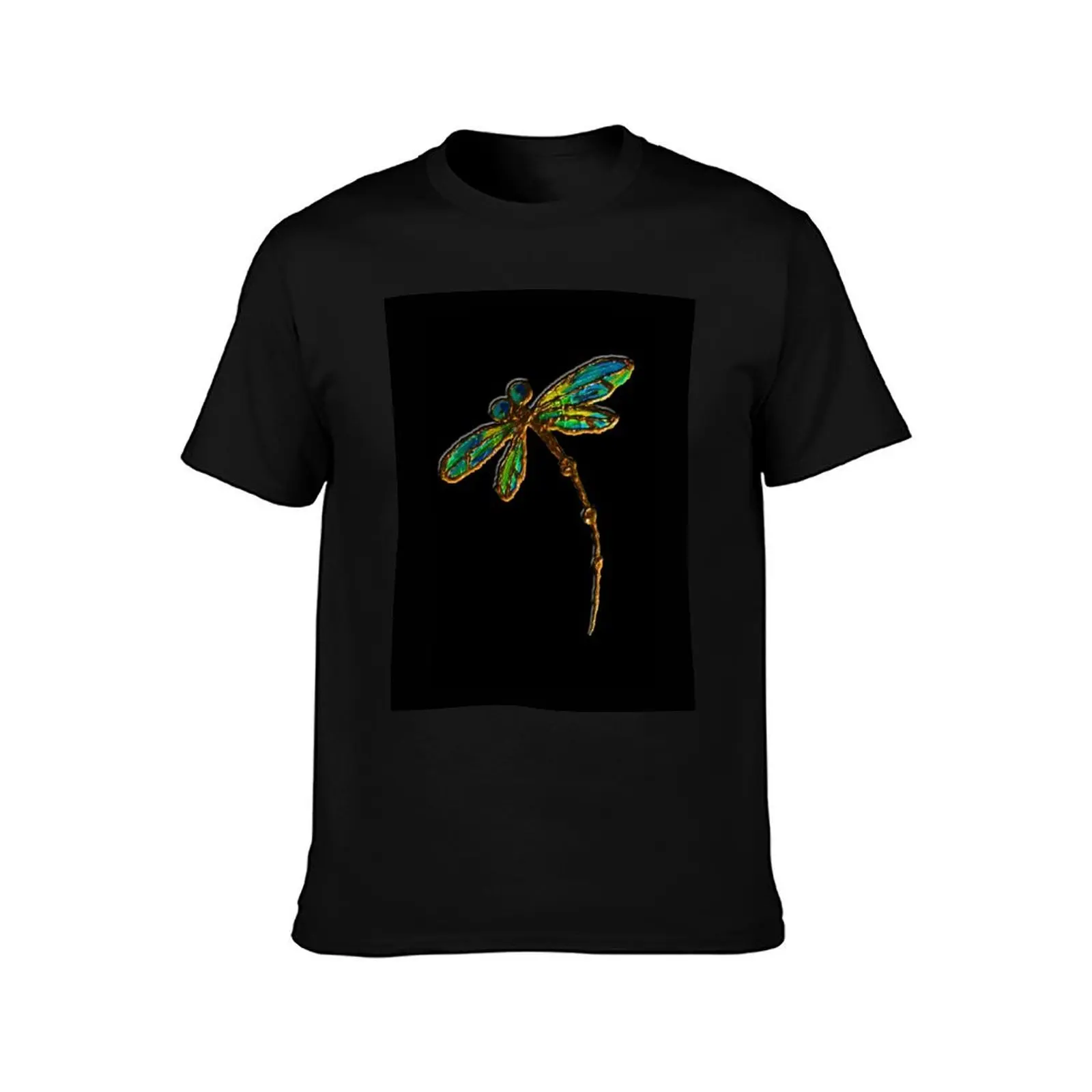 Electric Green Gold Dragonfly T-Shirt Simple Solid Color Crew Neck Tee T-Shirt