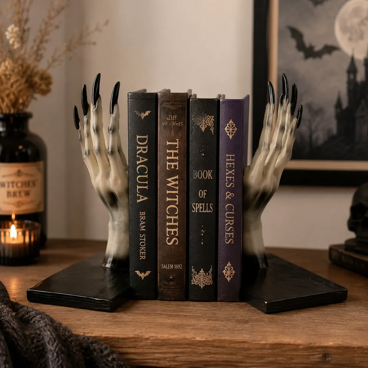 Pair Witch Hand Resin Bookends Gothic Desktop Book Holder Shelf Halloween Decor Mantel Table Office Spooky Prop