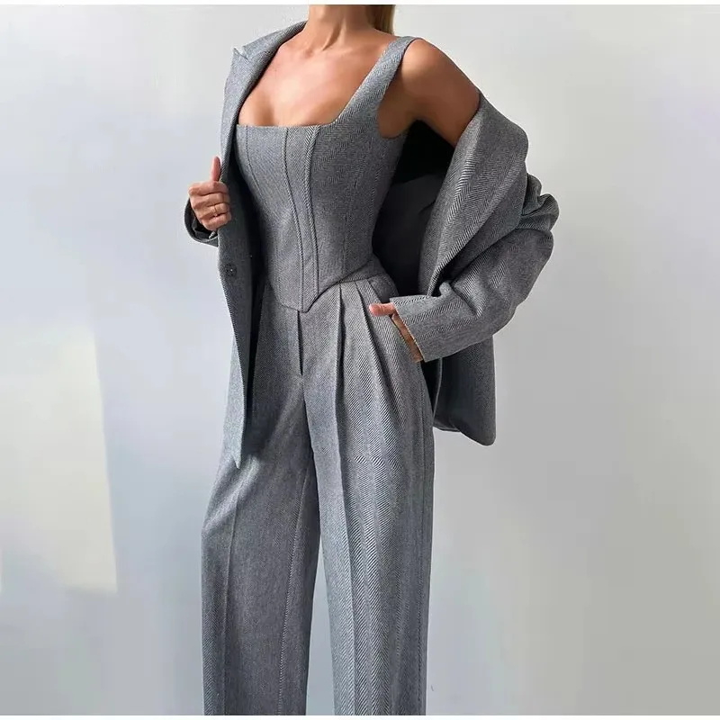 Moda casual terno feminino jaqueta casaco calças compridas conjunto de três peças profissional