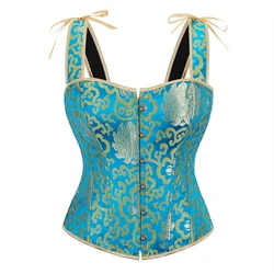 Women Spaghetti Strap Corset Crop Top Gothic Victorian Blue Lace-up Boned Bustier Vest Shapewear Slimming Waist Shaping Korset