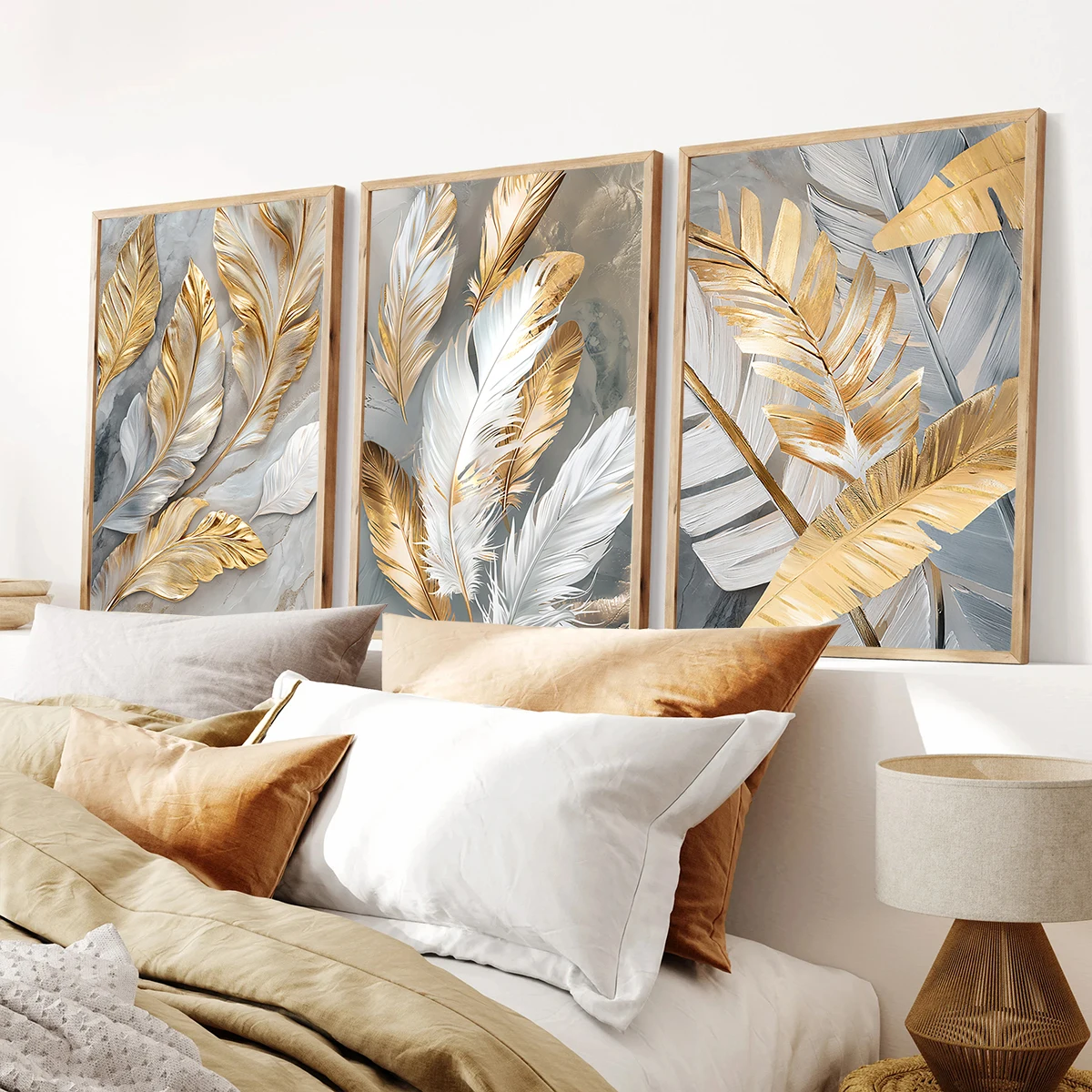 3pcs/Set Abstract Golden White Feather Leaf Canvas Poster Picture Wall Modern Living Room Decoration Dining Room Home Decoration