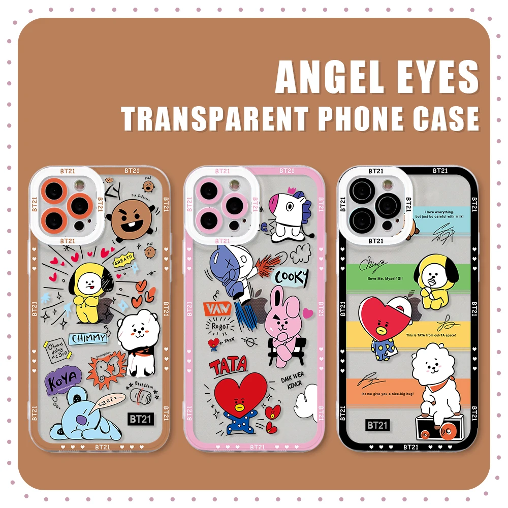Capa de Celular Transparente Macia com Estampa de Borda e Design de Desenho Animado BT21 para Apple iPhone 17 Air 16 15 14 Plus 13 12 11 Pro Max