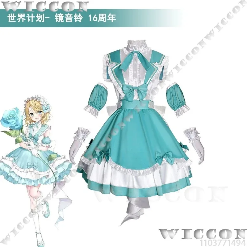 Kostium Cosplay Rin 16th Virtual Idol, Peruka Blond, Rekwizyt, Urocza Sukienka Lolita, Niebiesko-Zielony Garnitur, Dziewczyna Kobieta Halloween Party, Personalizowanyx;3