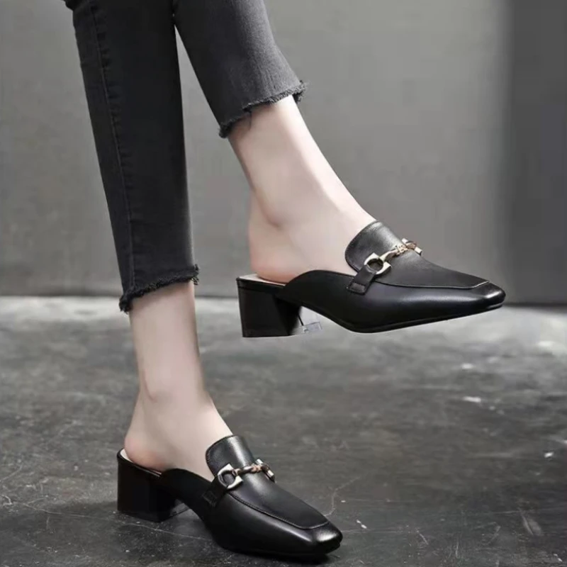 2024 High Quality Ladies Shoes Mules Women\'s High Heels Fashion Hot Sale Pumps Square Heel Solid Female Shoes High Heels