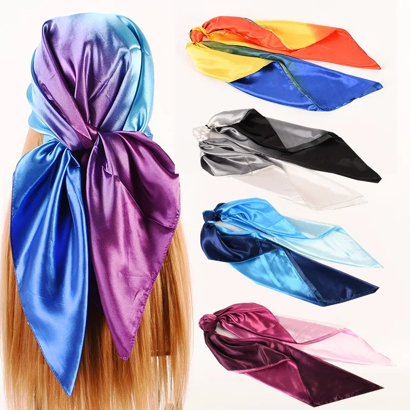 

Luxury Brand Silk Scarf Women Satin Gradient Color Hijab Scarves Muslim Pareo Bandana Female Shawl Wrap Headband Foulard 90*90cm