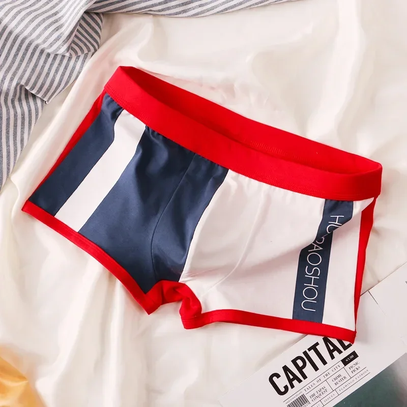 Men's Fashion Patchwork Trunk Youth Cotton Breathable Comfy Sports Panties Contrasting Bulge Pouch Sweat Absorption Boxer Shorts