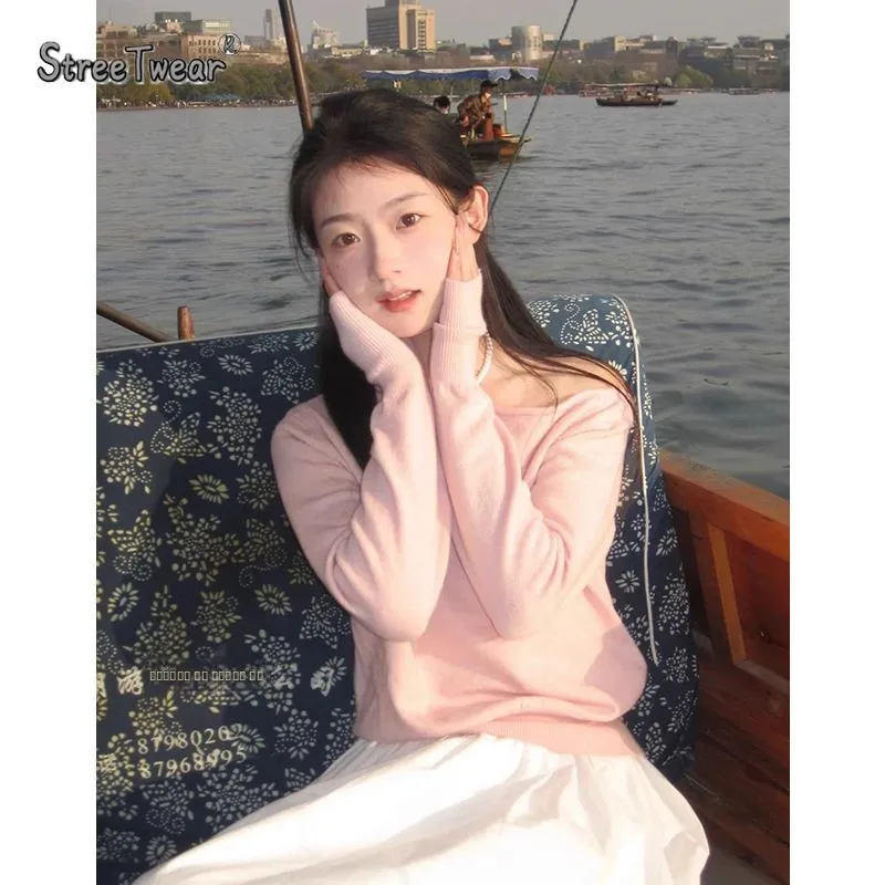 Sli Abnehmen Süße Pure Desire oulder Bared Schräg Kragen Strickwaren frauen Herbst Winter Lange Sve Basis Schicht Top trendy