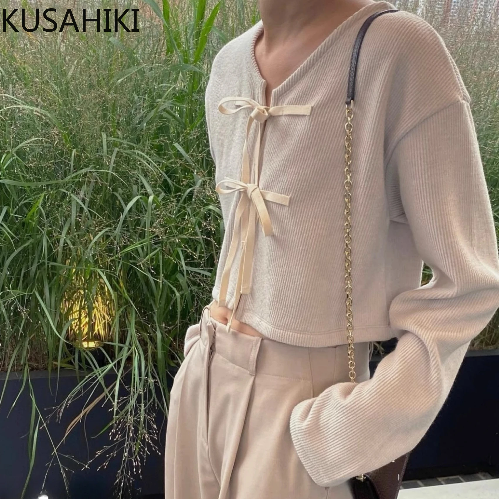 KUSAHIKI Sweet Cute Bow Bandage Short Cardigan Coat 2023 Autumn New Spicy Girl Women Jackets Causal Long Sleeve O-neck Tops