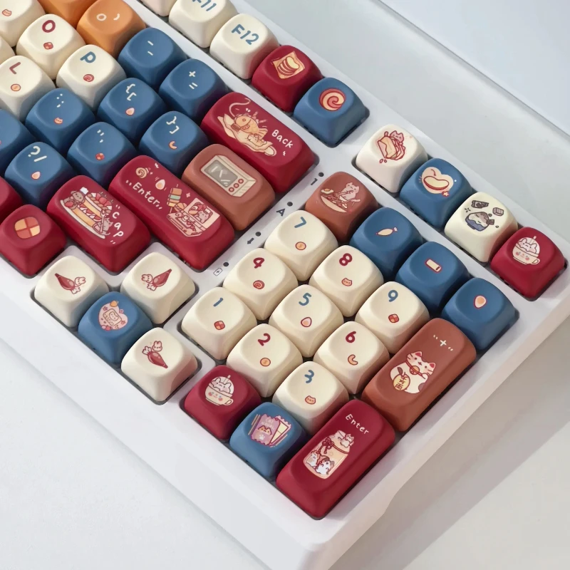 B-M Keycap Set PBT Sublimation Cat Kitchen Cute Keycaps 131 Keys MOA Profile Red Blue Key Caps for DIY Mechanical Keyboard