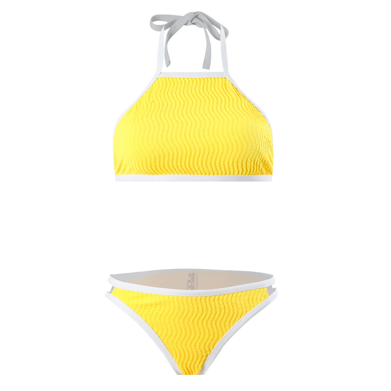 

2025 Summer New Women's Yellow Textured Halter Bikini Set Quick Dry Sexy Two Piece Swimwear for Vacation Beach Swimming