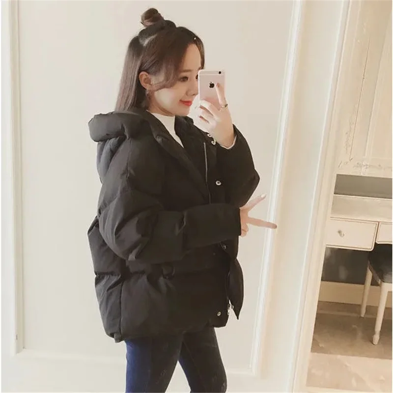 2023 New Winter Hooded Solid Color Pocket Jacket Women\'s Zipper Loose Casual Parka Warm Cotton Short Coat