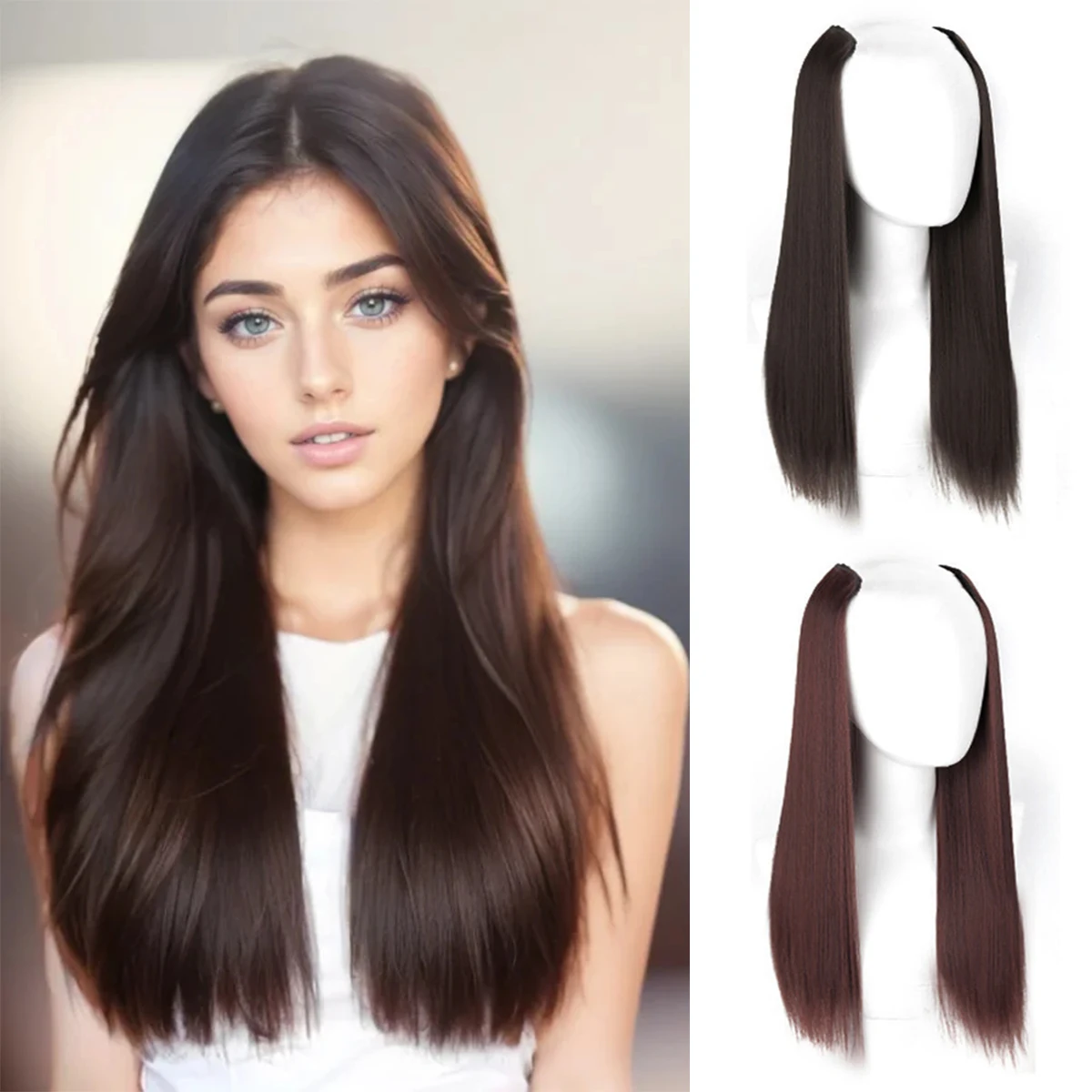 Difei 16-24 inch Synthetic Long Straight Hair Extension Piece Fashion Accessories Women\'s Clip Hair V-shaped Wig Piece