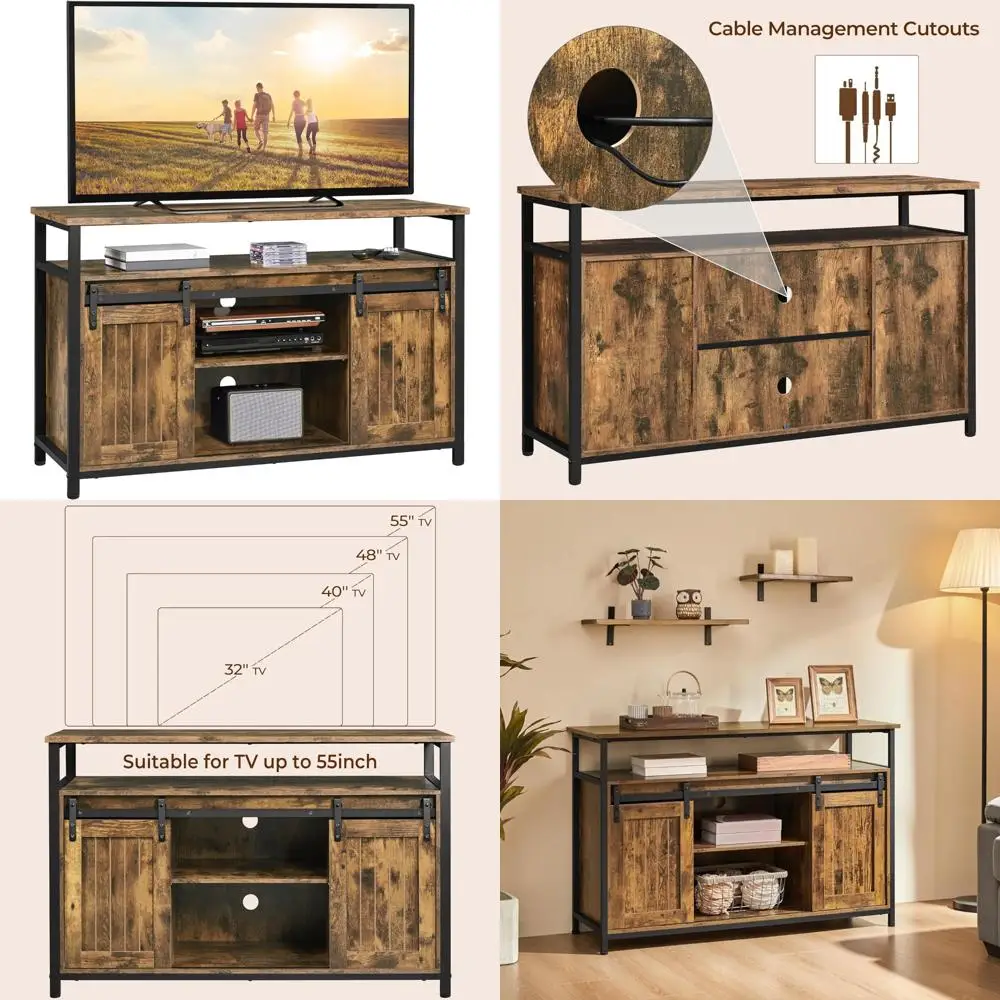 خزائن تخزين مركز الترفيه لأجهزة التلفاز مقاس 55 بوصة، حامل تلفزيون بباب الحظيرة قابل للتعديل مع رفوف #1
