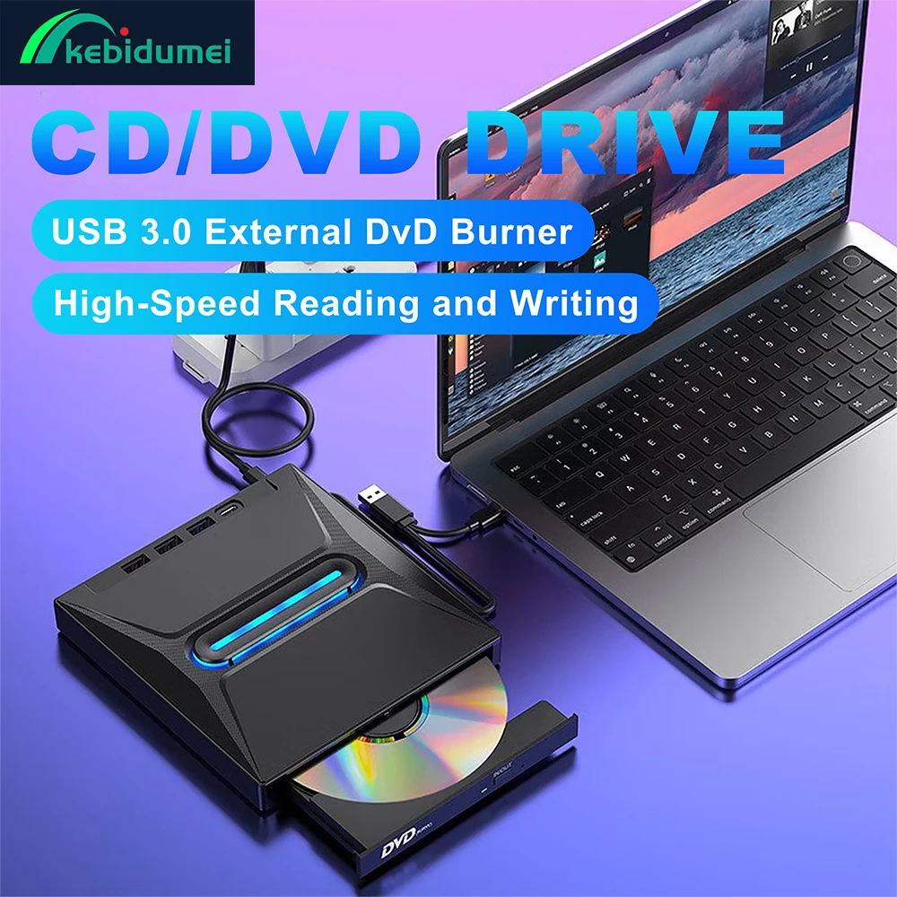 

Kebidumei External CD DVD Drive Ultra Slim CD DVD Burner with 3 USB Ports and SD Card Slots Optical Disk Drive for Laptop Mac PC