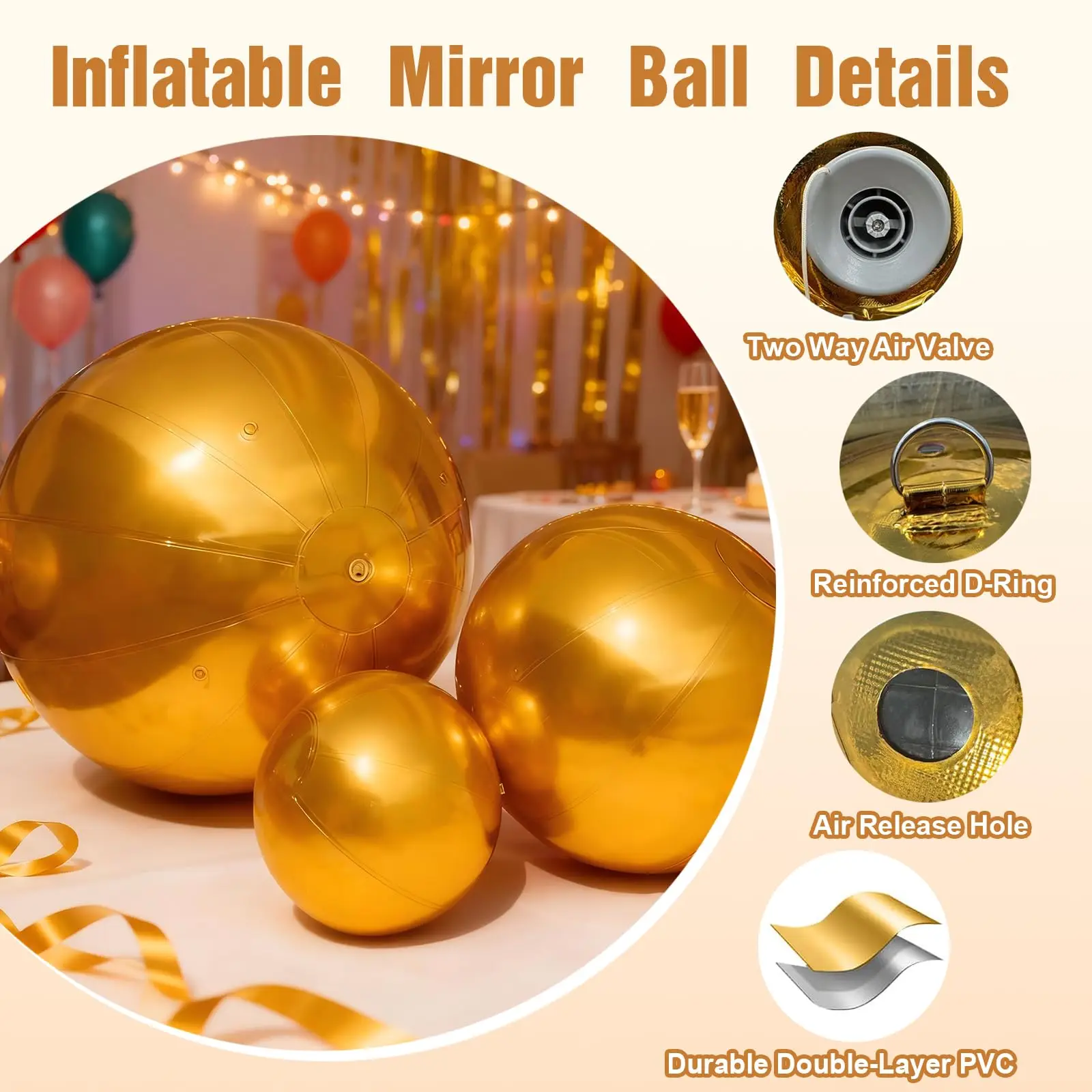 Gold 6PCS Inflatable Mirror Balls, Large PVC Shiny Disco Balls with Electric Pump, Reusable Hanging & Standing  Dicso Ball For Party Wedding Event Decoration