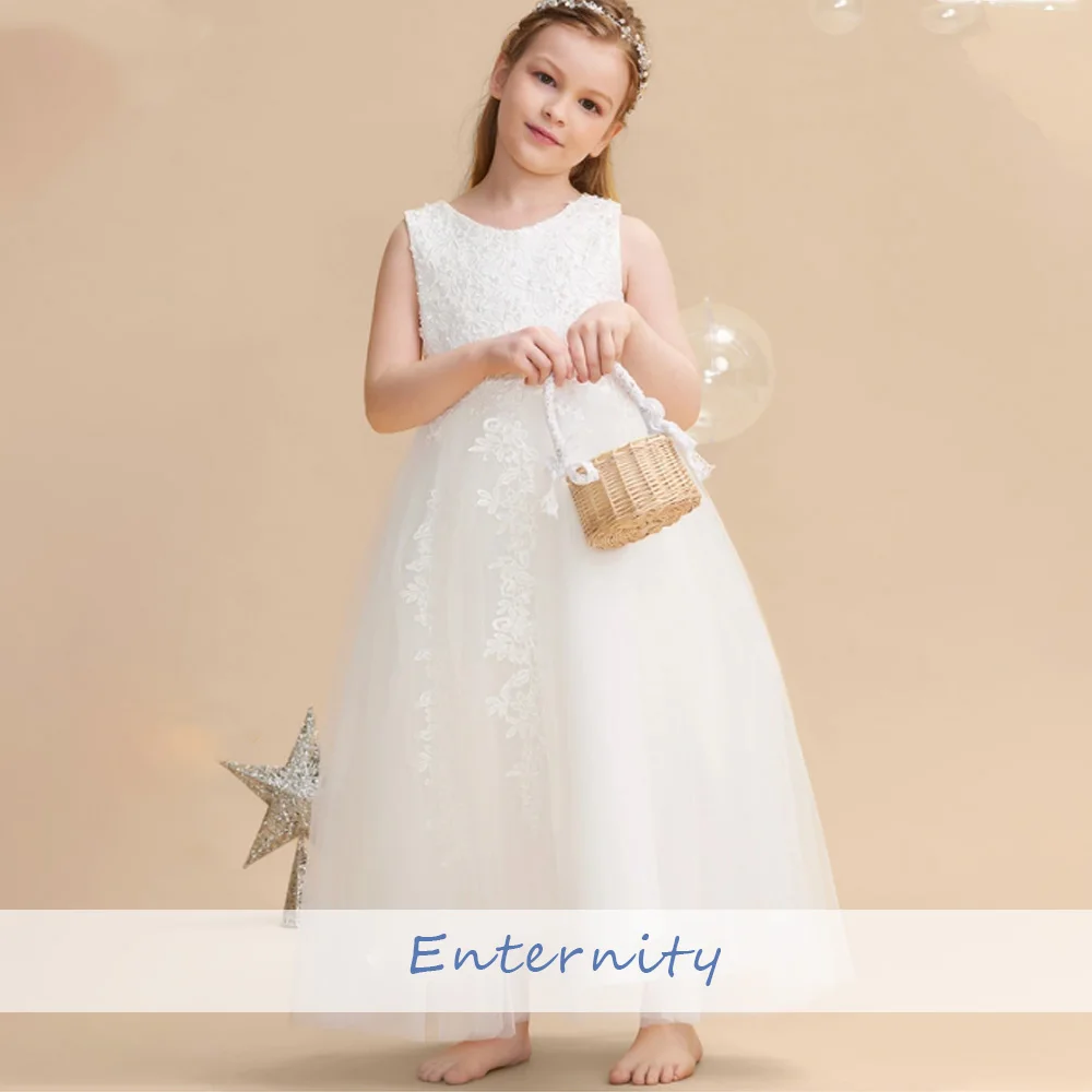 Princesse Enfant A-line Lace Appliques Flower Girl Dress Floor-length Sleeveless Pretty Baby Dresses Zipper Vestidos Para Niñas