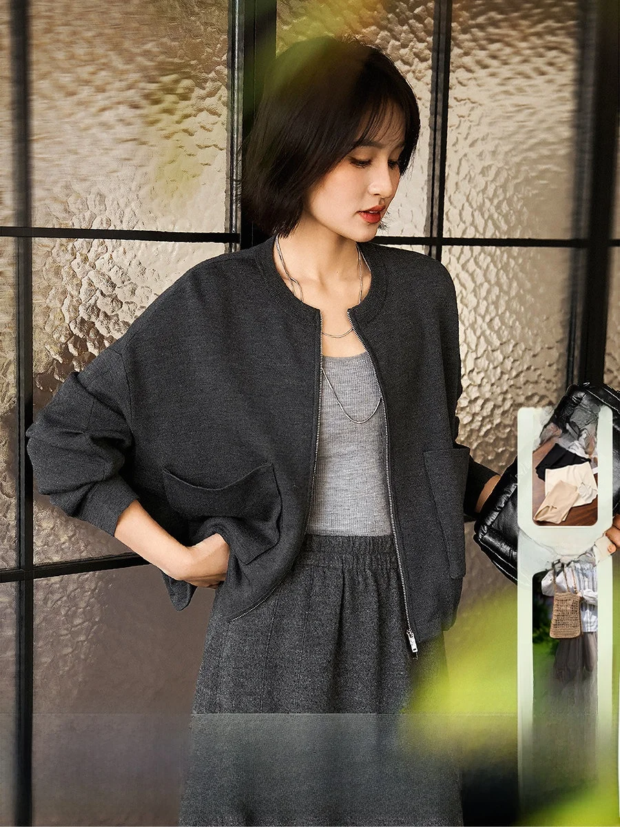 

Женский вязаный кардиган Xiao Han Ge из 100% шерсти с молнией, простой, теплый, повседневный, с круглым вырезом, длинными рукавами