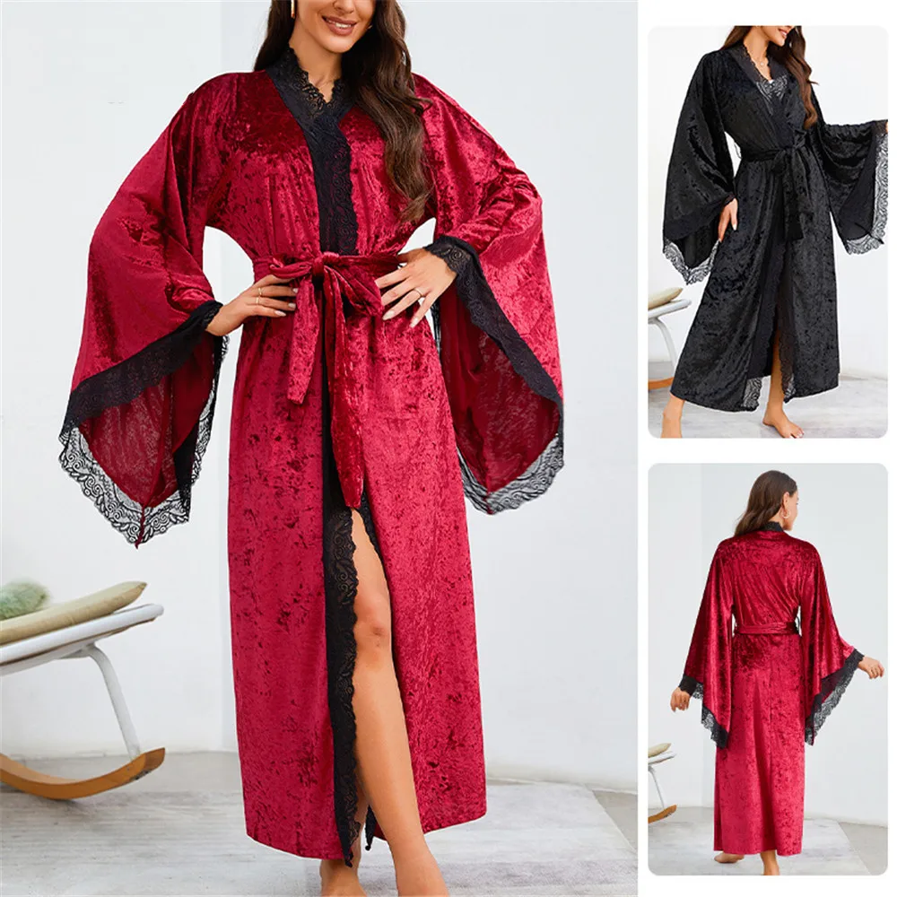 

Autumn Winter Flare Sleeve Velvet Kimono Robe Sleepwear Sexy Lace Trim Long Nightwear Bathrobe Loose Home Wear