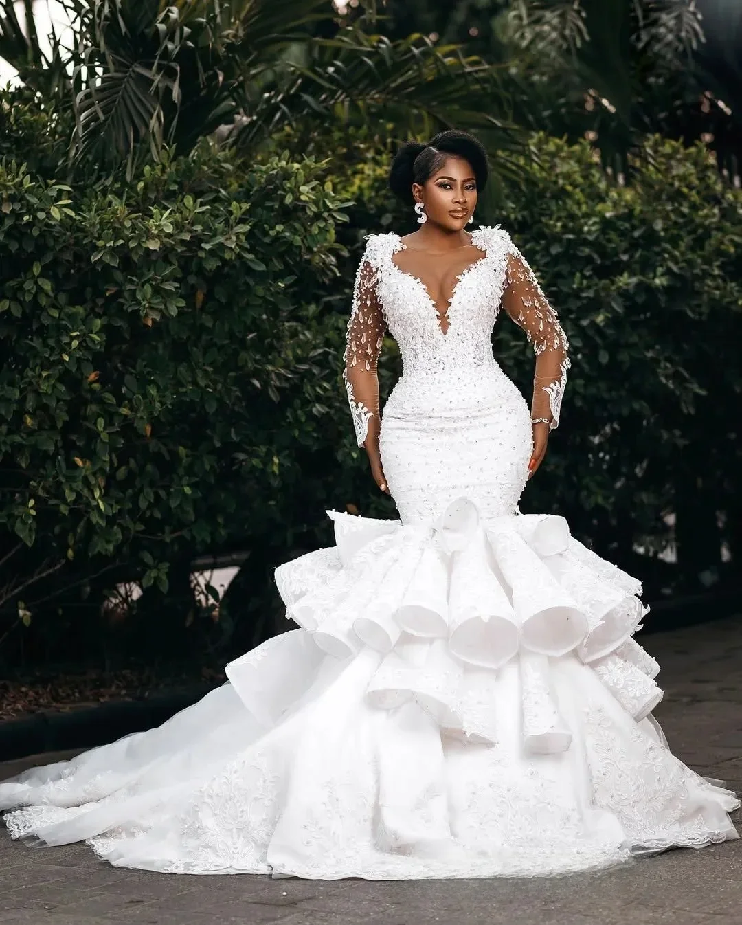 Customized Plus Size Mermaid Wedding Dress Bridal Gowns For Bride Long Sleeves Tiered Sheer Illusion Long Sleeves Beaded