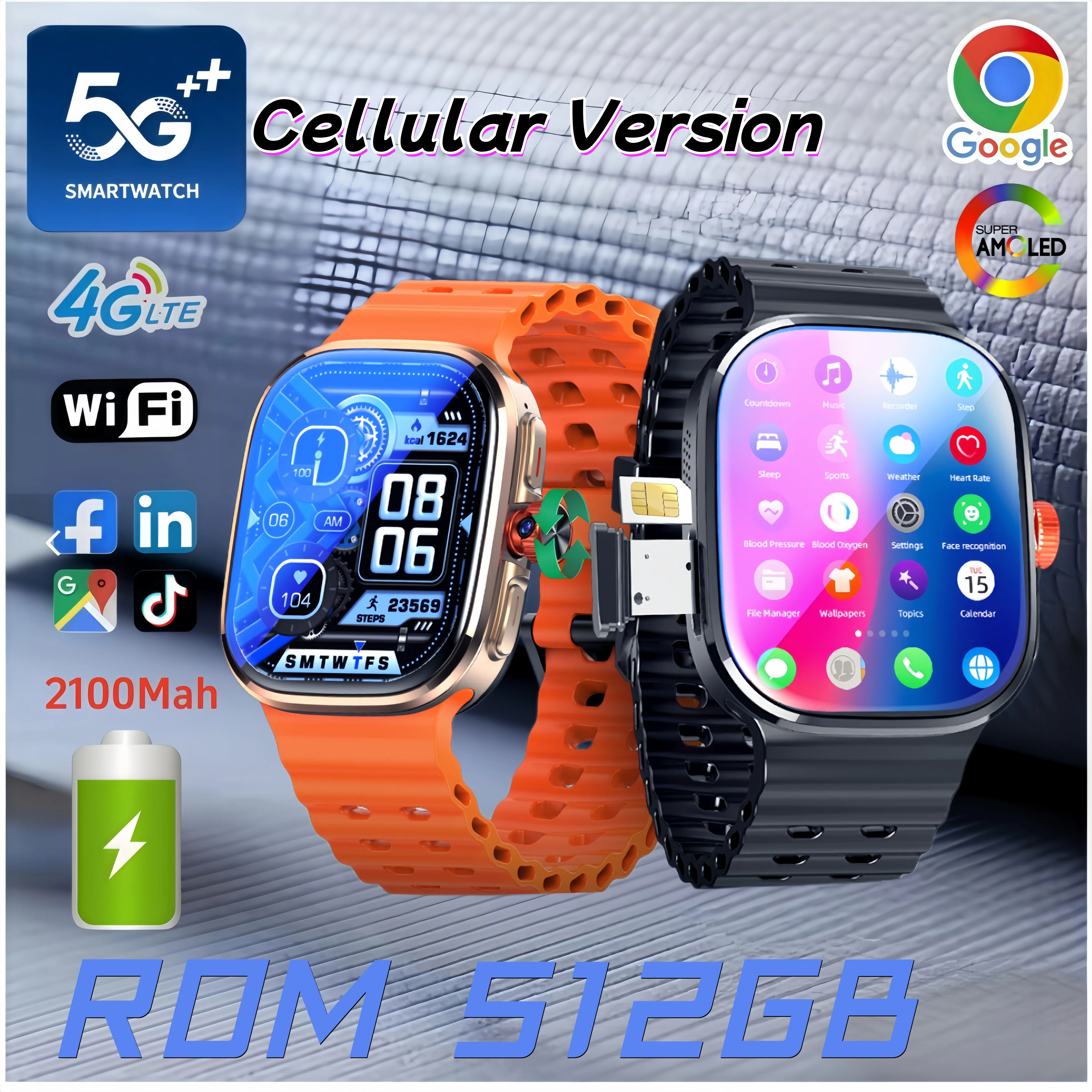 32GB+512GB 5G/4G Android 10.0 Smart Watch 2.4 inch AMOLED 2100mah Battery 900W Camera GPS WIFI Google APPS Download Smartwatch