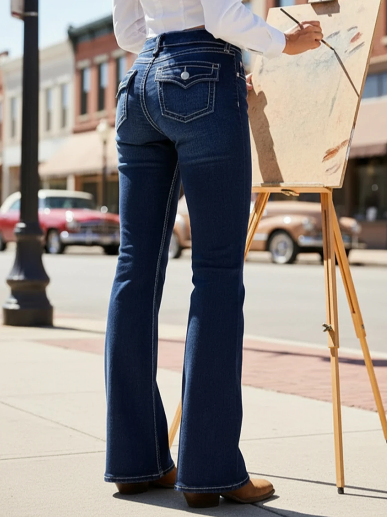 Women’s American-style vintage dark blue jeans, side seam with contrasting stitches, slimming and lengthening pants