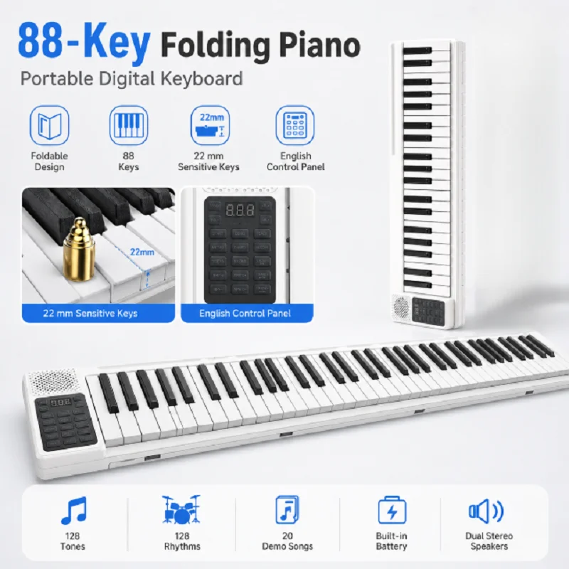 88 Keys Foldable Piano Portable Digital Electronic Keyboard Synthesizer Rechargeable Built‑in Speaker Musical Instrument