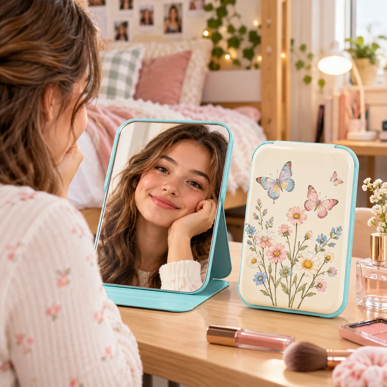 Customizable photo/DIY pattern compact makeup mirror—a simple, foldable, flip-style mirror for your purse; made of lightweight p
