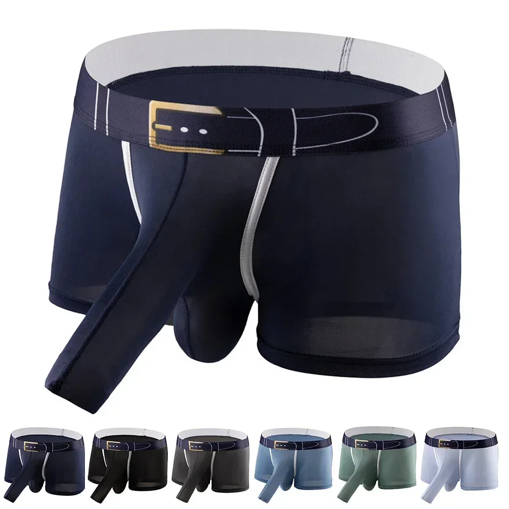 Mens Sexy Ice Silk Open Crotch Seamless Breathable Bulge Pouch Boxer Briefs Shorts Underwear Panties Casual Male Boxer Shorts