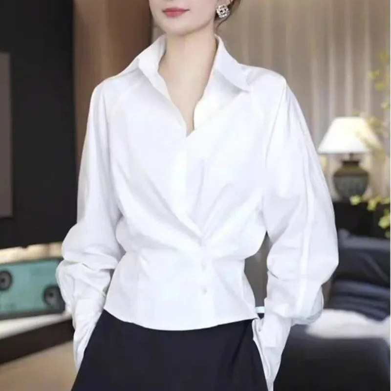 Frauen Koreanische Mode Business Casual Elegantes Hemd Büro Dame Schwarz Weiß Asymmetrische Design Bluse Langarm Schlank Chic Tops