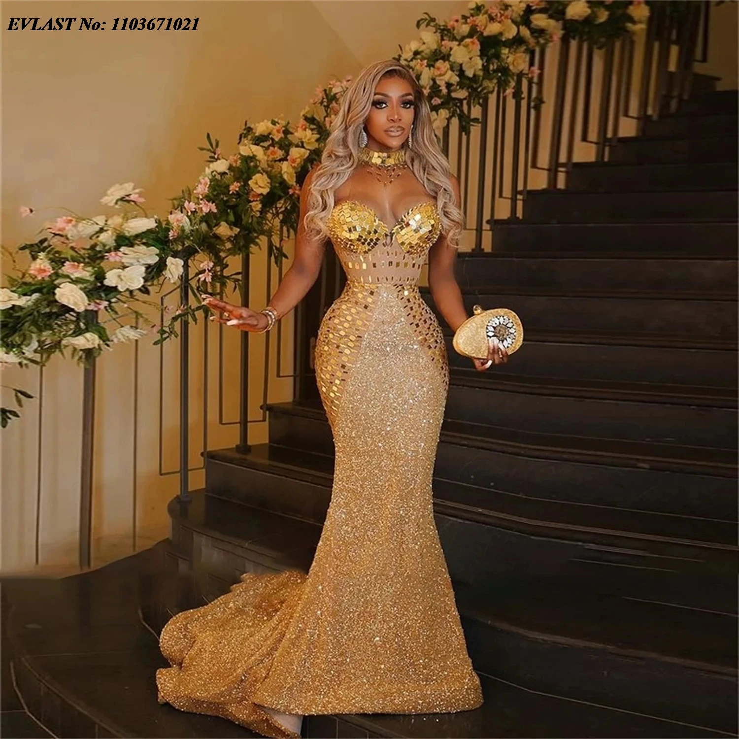 EVLAST Customized Crystal Mermaid Long Prom Dress Luxury Sequins Mermaid Evening Dress Sexy Black Girls Wedding Party Gowns P143