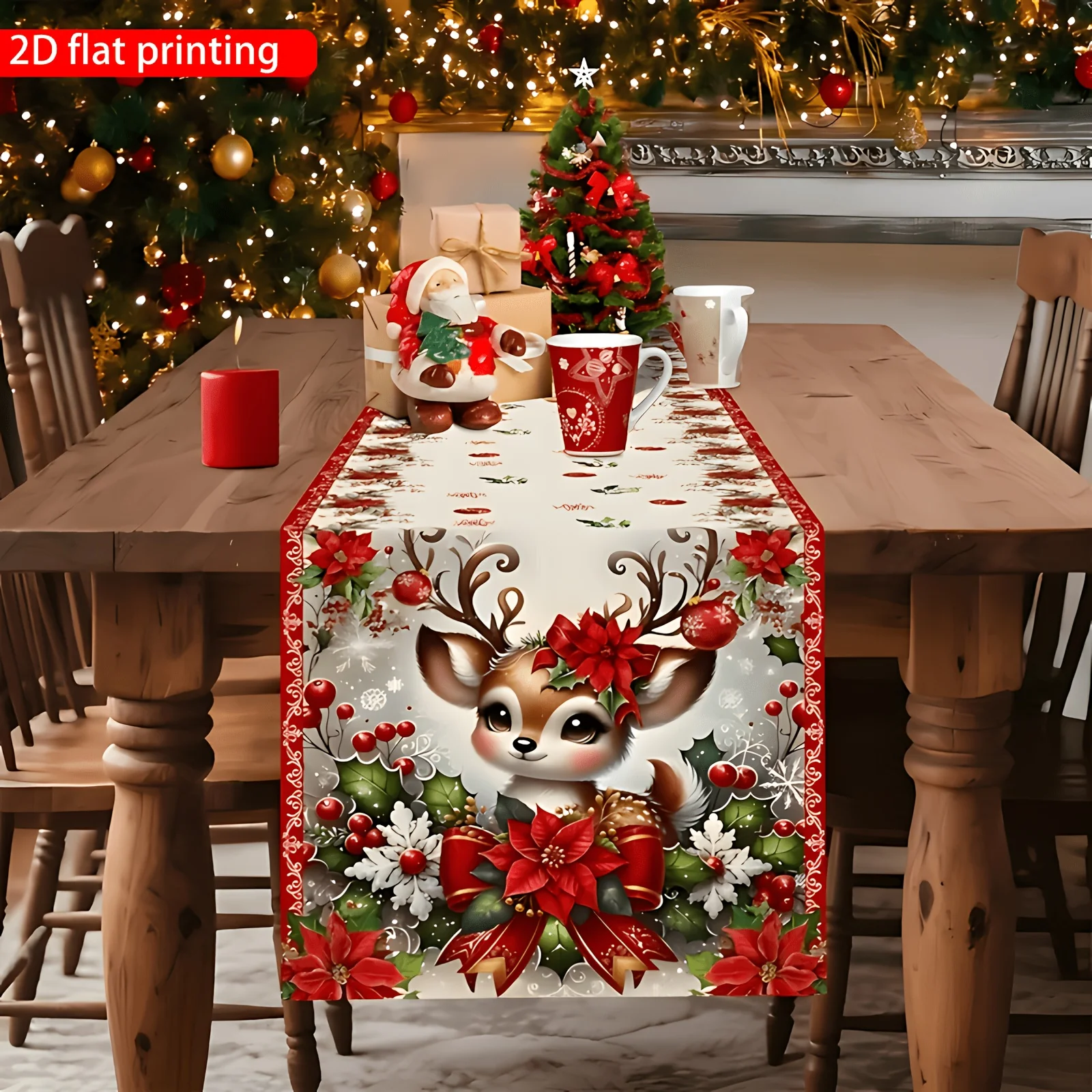Home Xmas Decor Table Runner Cream White Winter Village Flower Bauble Printed Table Runner for Dining Room Banquet